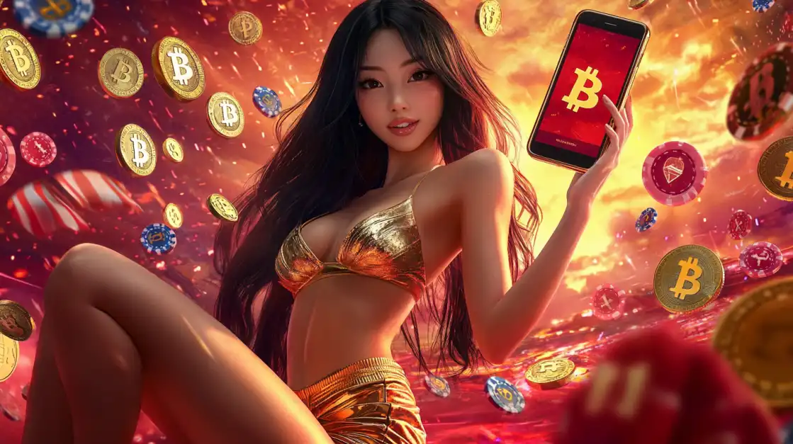 An attractive woman in gold holds a smartphone with the Bitcoin symbol, representing the KKFB crypto casino, amidst a shower of digital and casino coins.