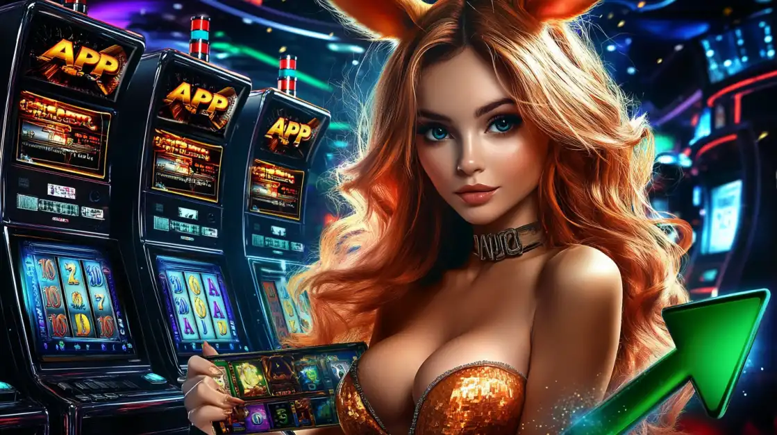 A woman with bunny ears plays on the KKFB casino app in front of slot machines, with a rising green arrow symbolizing big wins and profits.