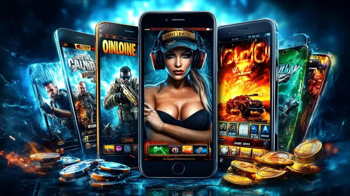A thrilling display of smartphones featuring the best action and shooter games on the KKFB platform, with gold coins highlighting the potential for big rewards.