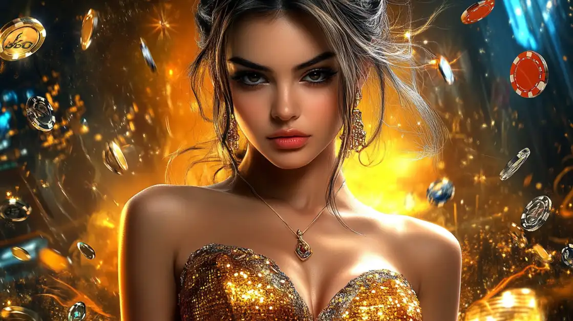 Experience the Glamour of Winning at KKFB Casino! A glamorous woman in a sparkling golden dress embodies the luxurious winning experience at KKFB Casino, surrounded by a shower of shiny gold coins and chips.