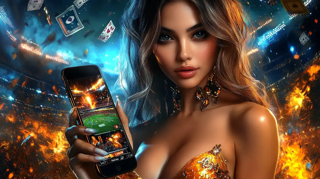 A beautiful woman holds a phone showing the KKFB app with a stadium on screen, surrounded by flying playing cards in a fiery atmosphere.