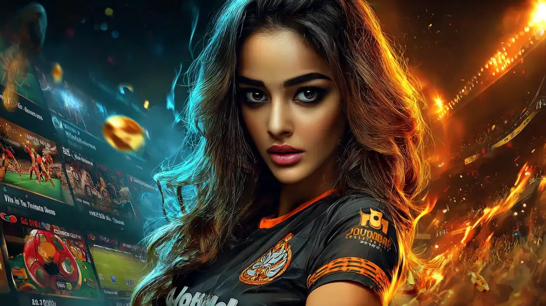 An intense woman in a KKFB jersey, ready for action with a dynamic background of a fiery sports stadium and online gaming screens.