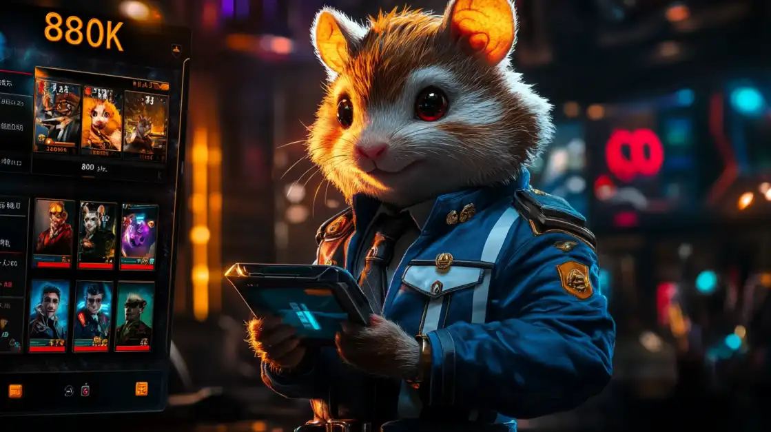 KKFB Online Gaming | Lead Your Team to Victory! A cute but serious hamster dressed as a commander plays a strategic character-based game on the KKFB online platform, with a score of 880K visible.