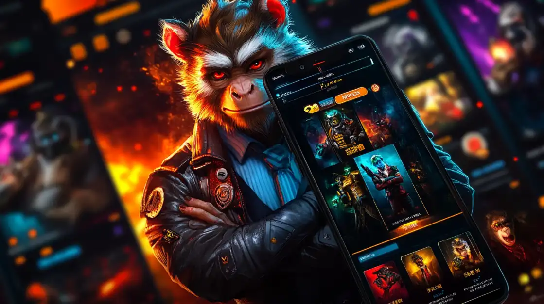 KKFB Mobile Gaming | Choose Your Character and Play! A cool monkey in a leather jacket shows off the KKFB mobile gaming app, featuring a deep roster of awesome characters to choose and play with.