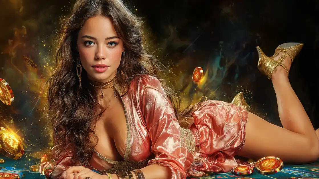 A glamorous casino scene with beautiful women and golden rewards, showcasing the luxury and excitement of KKFB Live Casino.
