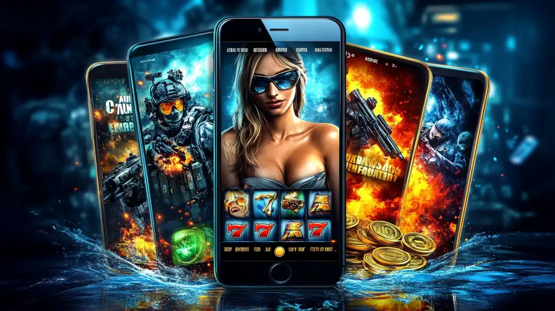 A collection of smartphones showcasing the diverse world of KKFB mobile gaming, from 777 casino slots to intense, action-packed shooter games.