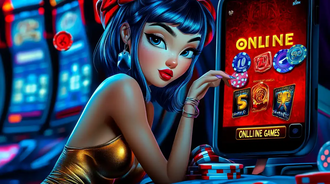 A vibrant, animated character with blue hair interacts with the KKFB online casino on a mobile screen, selecting from a variety of colorful games.