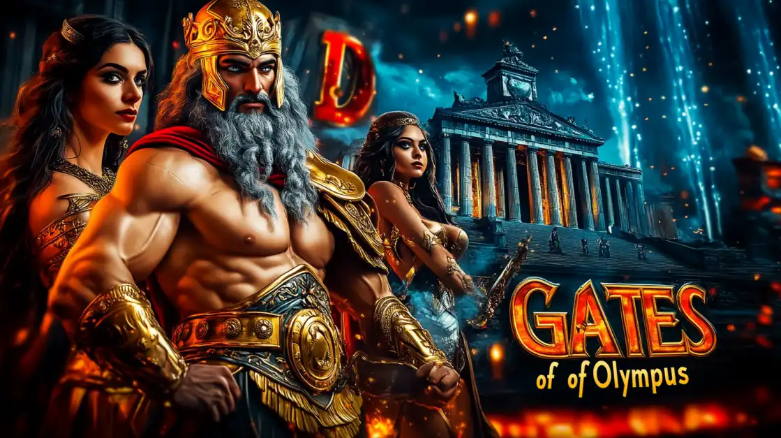 The powerful god Zeus and two beautiful goddesses welcome you to the Gates of Olympus slot game at KKFB Casino, with a grand temple in the background.
